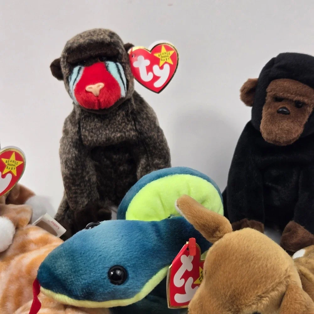 Ty Beanie Babies Lot of 7 Lion Deer Snake Cats Gorilla Mandrill Plush Toys